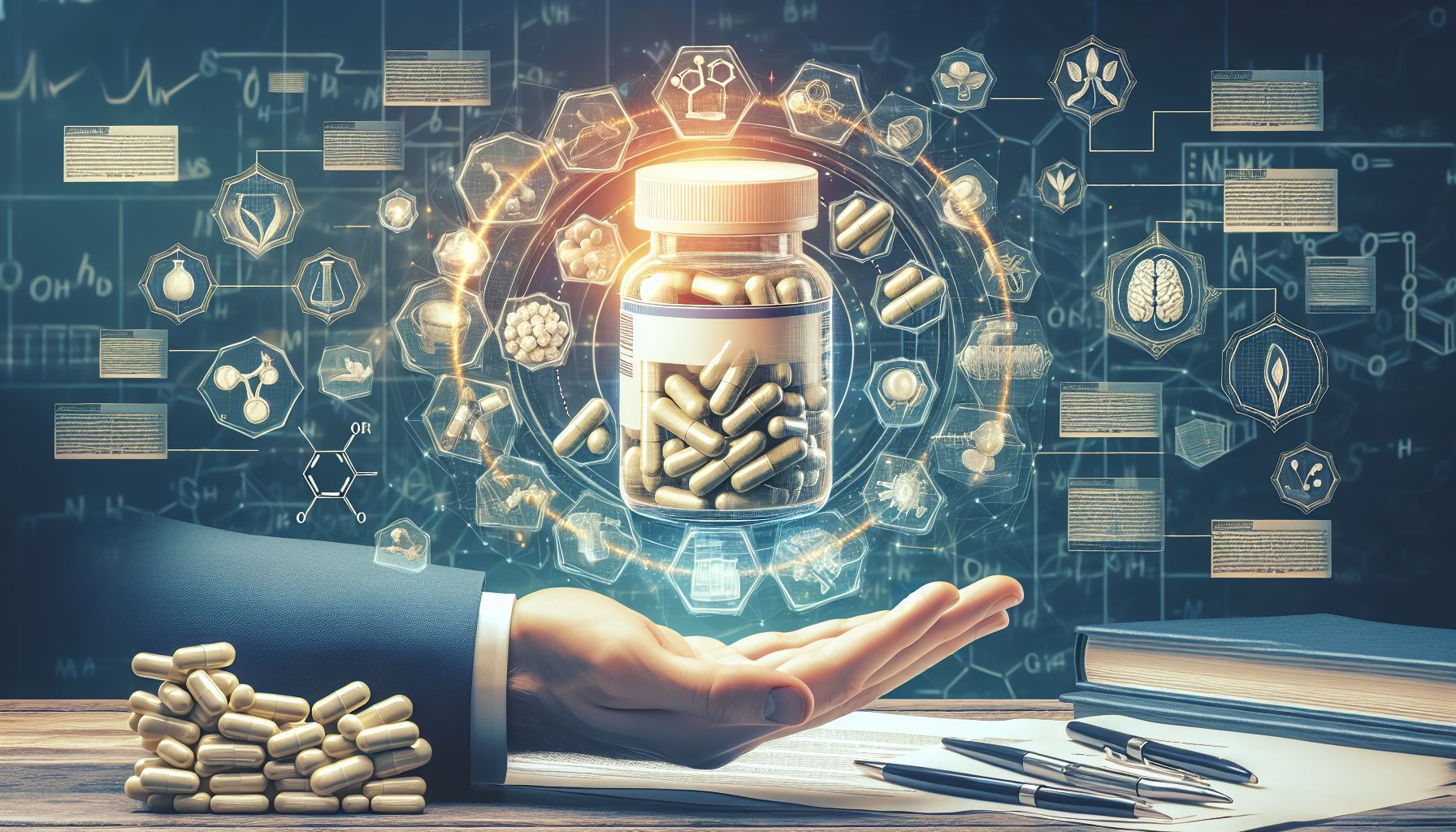 Array of men's sexual health supplements: capsules, herbal pills, and vitamins on a medical table